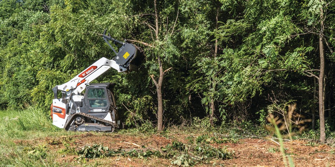 Forestry mulcher clearing brush along a treeline
