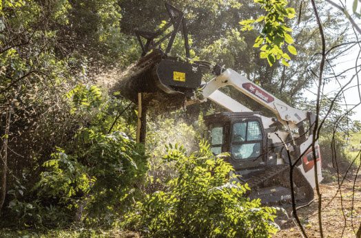 Forestry mulcher cutting a path through dense brush